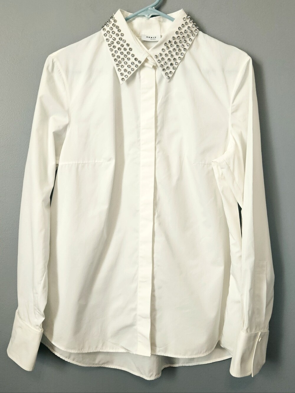 Akris punto Cotton Poplin Button-Front Blouse Detachable Crystal Stud Collar New